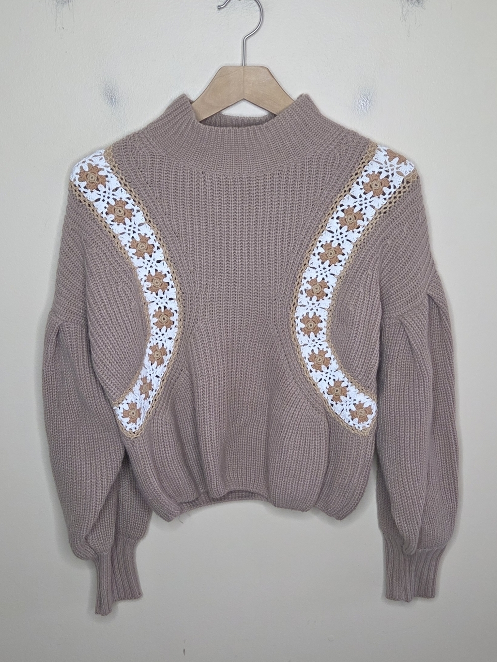 Everyday Chic Boutique Tan Mockneck Sweater Balloon Sleeves Crochet Insets Boho